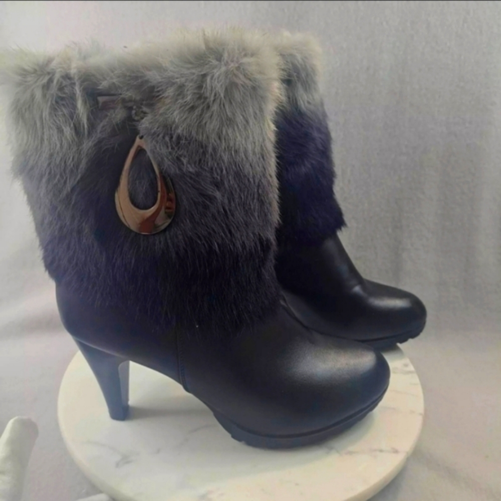 Womens Fashion Winter Fur Furry Pumps Party High Heels Side Zip Side